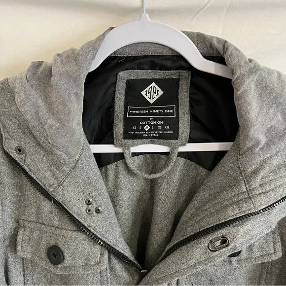 COTTON ON Nineteen Ninety One Wool Hoodie Utility Jacket Gray Size Medium - Picture 3 of 12